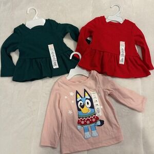 Jumping Beans Toddler Girls 12M Long Sleeve Peplum Tops Bundle 2 Red Green Bluey